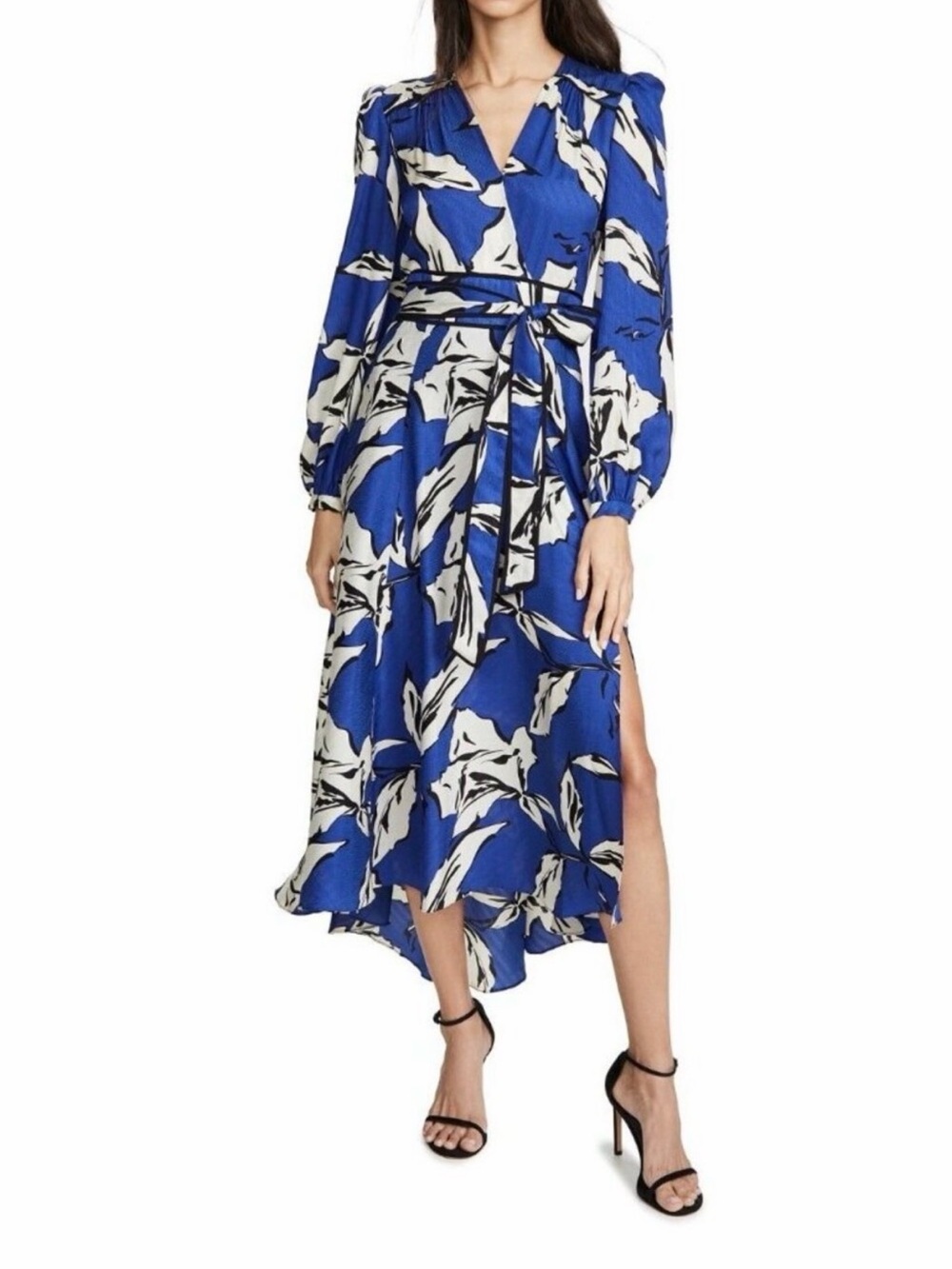 Veronica Beard McLean Blue & White Floral Wrap Midi Dress with Belt